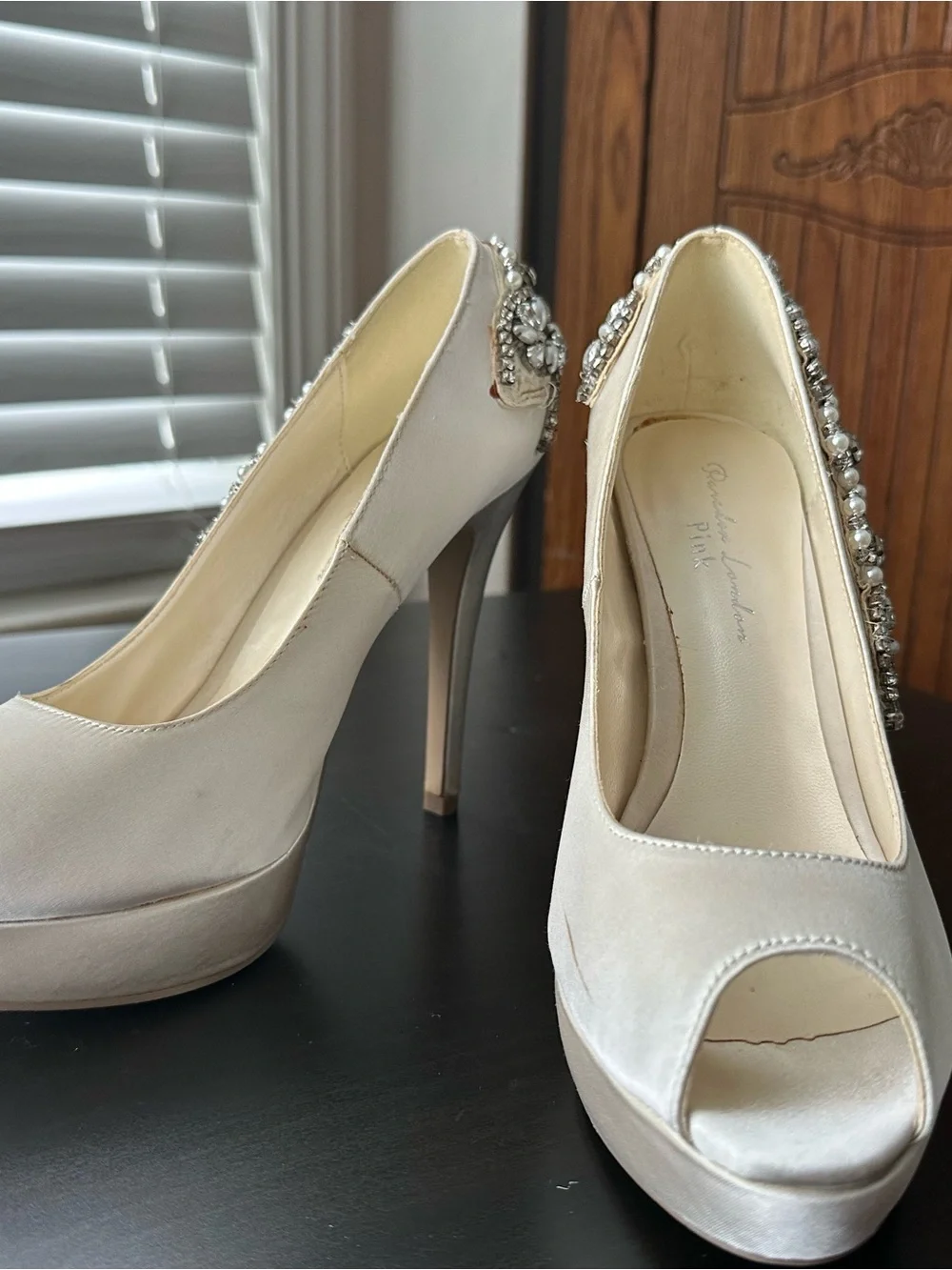 Paradox London Pink Satin Ivory Peep-Toe Platform Heels with Crystal Trim